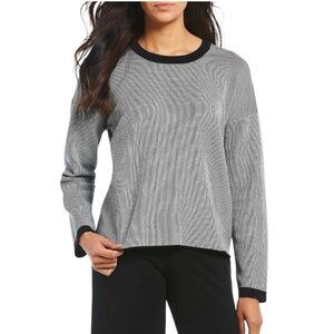 Eileen Fisher Black & White Mens Ringer Crew Neck Oversized Sweater Women Medium
